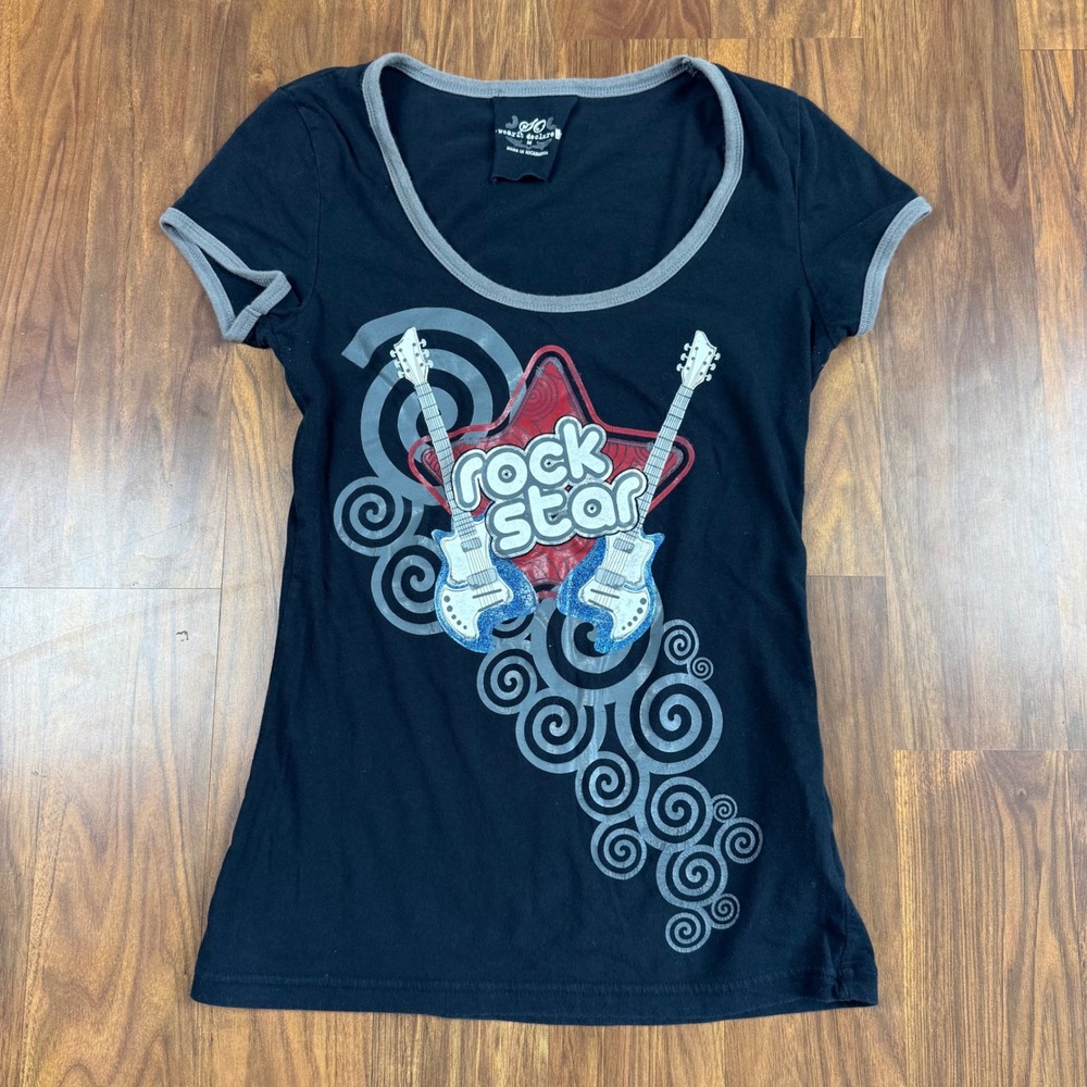 SO Wear It Declare It Rock Star Graphic Ringer Tee Black Y2K Aesthetic Medium